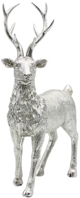 Keramik Dekofigur, Moderne Deko-Statue, Landhaus-Skulptur als Hirsch in Silber - Glitzer, stehend, L/B/H: 14 x 8 x 21cm