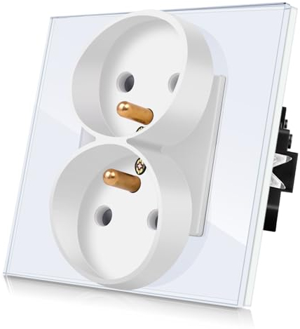 CNBINGO Doble enchufe francés empotrado en caja de pared - Fijación de tornillo y garra - Enchufe de vidrio estándar - Blanco - 86 mm