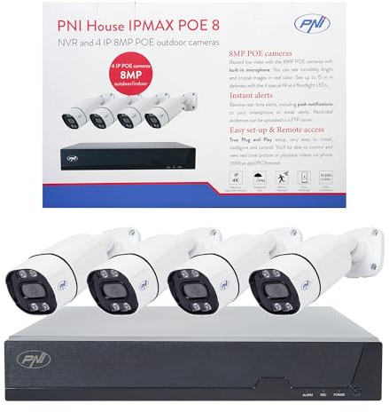 PNI House IPMAX POE-8 Videoüberwachungsset mit NVR und 4 IP-Kameras, 8MP Auflösung, Nachtsicht, Bewegungserkennung, IP66 wasserdicht, kompatibel mit IP-Technologie