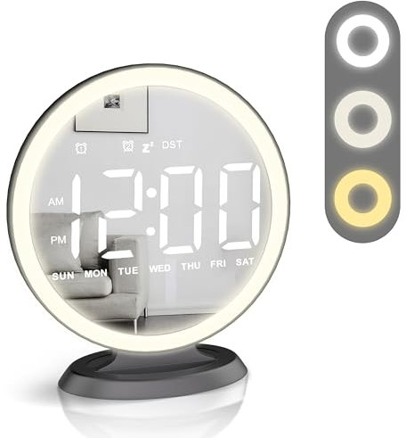 Runder Spiegel beleuchteter digitaler Wecker, Spiegelfläche für Make-up, großes Display, einfache Einstellung, Auto-DST, automatisches Dimmen, USB-Anschluss, moderne Dekoration für Zuhause,