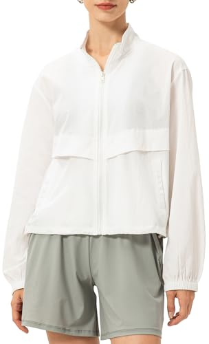 Gacaky Women's Lightweight Athletic Jacket Sun Protection Full Zip Long Sleeve Shirts Workout Track Jackets with Pocket Hiking Outdoor White S