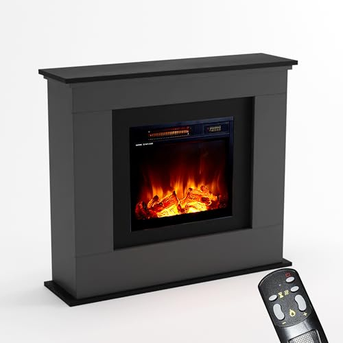 KAMINLICHT Elektrokamin mit Heizung und Kaminfeuer (Standkamin NEO 4) - elektrischer Kamin mit LED-Licht, Heizlüfter, Holz-Deko & Fernbedienung, max. 1500 W - 102x84x27 cm, Grau