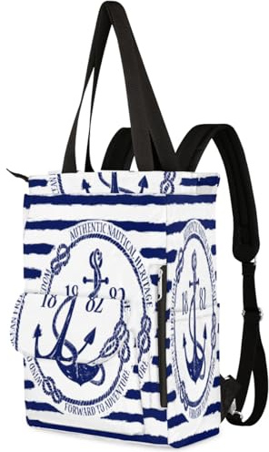 TropicalLife Nautischer Anker-Rucksack, Handtasche für Damen, Herren, Kinder, Jungen, Mädchen, blau-weiß gestreift, lässiger Rucksack, 13,3 l, Tragetasche, Schultasche, Büchertasche,