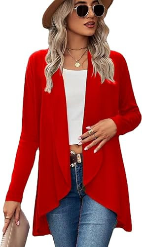 eyes Plus Size Cardigans for Women Ladies Hanky Hem Jersey Open Waterfall Boyfriend Womens Cardigan Top Full Long Sleeve Floaty Duster Jacket Coat Blazer Red-22