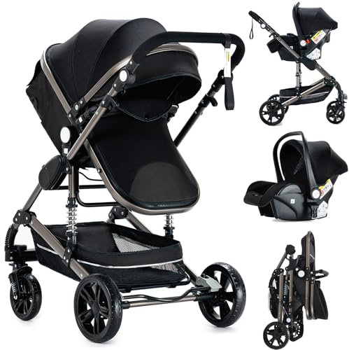 Nine point nine Poussette 3 en 1, Poussette Bebe avec Double Modes de Poussée Réversibles, Poussette Canne avec Grande Nacelle Confortable, Pousette avec Cadre Aluminium Haute Paysage (739 Black)