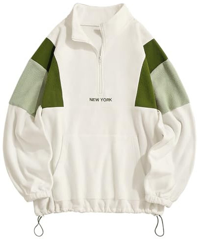 ZAFUL Felpa in pile con cerniera polare, da uomo, vintage, con colletto alto, a colori, grafica/lettera ricamata, a maniche lunghe, per autunno e inverno, 1-bianco+verde, M