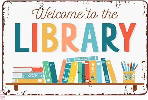 Cartello di benvenuto per porta d'ingresso portico in piedi biblioteca tela Welcome to the Library Book Lover Insegne in metallo vintage decorazione estetica da parete in latta regalo per garage uomo