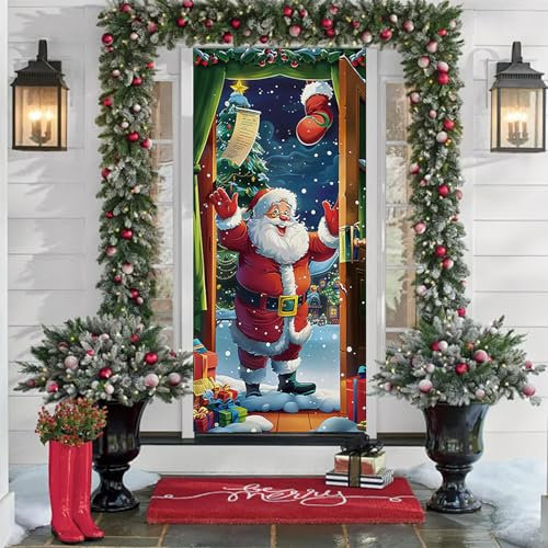 Zfseyuh Decorazioni Natalizie per Porta Natale Decorazioni Copriporta Natalizio Copertura con Babbo Natale Decorazioni Natalizie per Porta per Porte,Pareti,91 * 203CM
