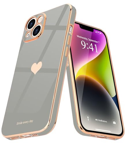 Teageo Kompatibel mit iPhone 14 Hülle, Süße Herzmuster Mädchen Handyhülle Luxuriös Galvanisierte Weich TPU Kameraschutz Kratzfest Stoßfest Schutzhülle Bumper Phone Case für iPhone 14, Titan Grau