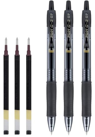 Pilot G2 schwarze Gelschreiber, 0,7 mm, 3 Stück, inklusive Pilot G207 schwarze Gel-Tintenminen, 3 Stück, einziehbare Stifte mit feiner Spitze und nachfüllbarem, glattem Tintenfluss, ideal für den