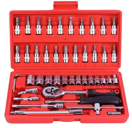 Socket Set 46 Pcs 1/4'' Drive Socket Ratchet Wrench Set with Storage Case Includes Metric Bit Socket Set & Extension Bar for Auto Car Motorbikes Repair & Home Maintenance Compact Household Tool Kit-R