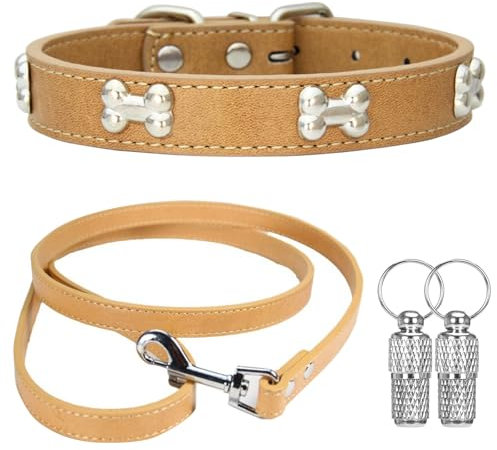 Suiecuor Halsband und Leinenhalsband hundehalsband kleine Hunde Lederhalsband Geeignet für kleine mittlere groß Hunde und Katzen Khaki XS