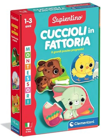 Clementoni Sapientino Baby - Cuccioli in Fattoria, Gioco Educativo Montessori per Bambini di 1-3 Anni, Puzzle Sagomati Colorati per Scoprire Gli Animali, Made in Italy, Lingua Italiana, 16850