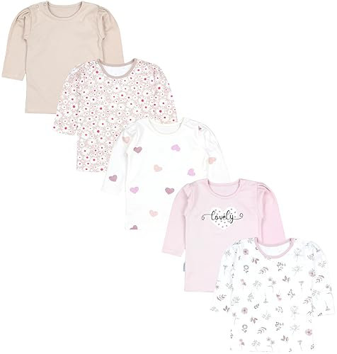 TupTam Baby Mädchen Langarmshirt Gestreift 5er Set, Farbe: Blätter Blumen Herzchen Puderrosa Hellbeige, Größe: 56
