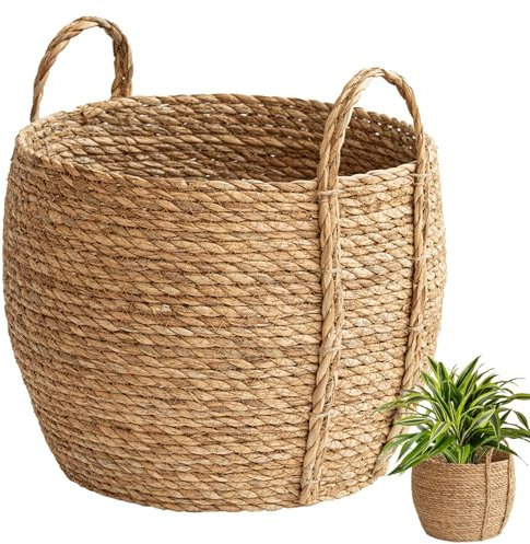 Peosaard Cestini per piante da interno, cesto di piante di vimini intrecciato, cesto di di paglia rotonda con manico, fioriera 11.8x10.2 per la biancheria di stoccaggio