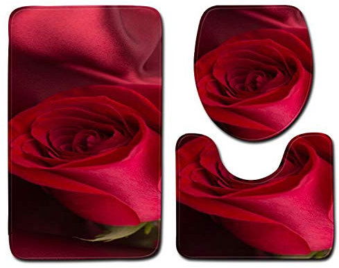 Badezimmerteppich Rote Elegante Blume WC Vorleger mit Ausschnitt WC Deckelbezug 3 Teiliges WC Teppich rutschfeste Badgarnitur U förmiger Badematte Waschbar Bad Teppiche Set 50x80 cm