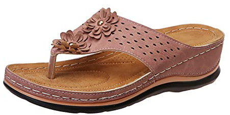 LOIJMK Roman T On Sandales plates confortables ouvertes avec fond clipsé et boucle d'orteil avec sangle arquée, soutien d'été, tongs pour femme, sandales aigle du Rhin pour femme, Rose, 37 EU