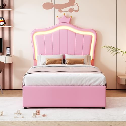 Letto imbottito per bambini 90x200 cm, Con design a corona, Con illuminazione a LED, Letto contenitore idraulico, Testata regolabile in altezza, Letto a una piazza e mezza con rete a doghe (Rosa)