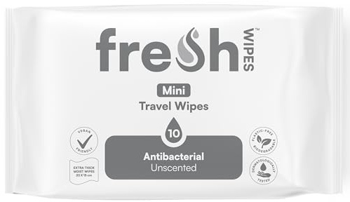 FreshWipes Mini Antibacterial Body Wipes for Adults 1 Pack (10 Wipes) - Biodegradable Wet-Wipes - Dermatologically Tested & Suitable for the Elderly or Disabled - Great for Camping (Unscented)