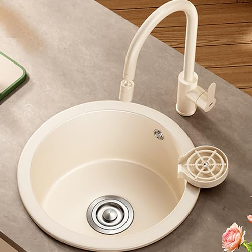 Handgefertigte Küche Spülbecken Quarz Stein Single Schale Spülbecken Mit Tasse Waschmaschine Ablaufmontage Winkelventil Ablaufkorb Heißes Und Kaltes Wasser Hahn(30CM)