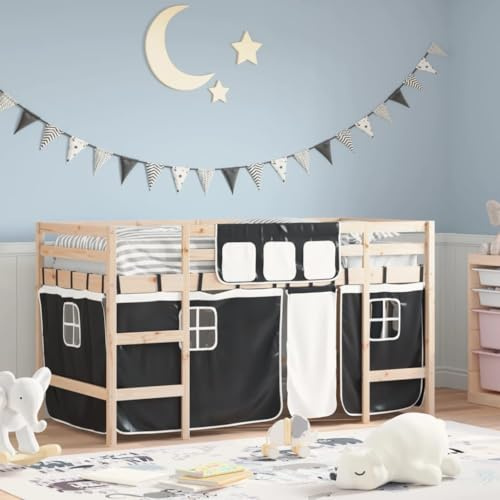 Bucmath Kinderhochbett Kiefernholz Weiß Schwarz 90x190 cm, Massivholz Bettrahmen mit Vorhängen, Einzel-Hochbett für Kinderzimmer, sicheres Spielbett mit Leiter, 80 kg Belastbarkeit
