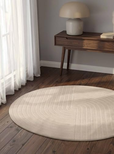 vikosa Arcura - Handgetufteter Wollteppich, Natur Wohnzimmerteppich Rund, Hoch-Tief-Effekt, moderner 3D-Effekt, weich mit geometrischen lineare Design für Wohnzimmer, Schlafzimmer - Creme, Ø120cm