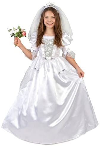 DEGUISE TOI - Déguisement mariée fille avec voile - Robe - Serre-tête - L 10-12 ans (130-140 cm) - Blanc - Déguisements enfants - 100% Polyester - Lavage à la main - Carnaval