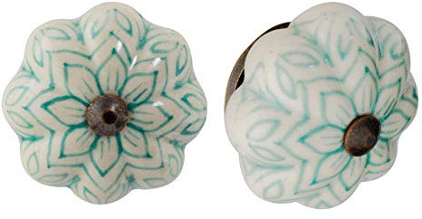 Nicola Spring Ceramic Cupboard Drawer Handle Knobs - Vintage Flower Design - Mint Green - Pack of 24