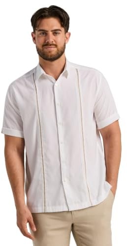 Cubavera Men's Cubavera Paneled Short Sleeve Shirt For Men, Classic Fit, Wrinkle Resistant, Casual Button-Down Shirt For Men With Spread Collar (Sizes Small - 5Xl), Bright White, Small
