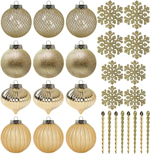 SLEETLY 28pk Bauble Gold Ornaments for Christmas Tree Holiday Xmas Decorations, Shatterproof Plastic 3.15 Baubles, Icicles and Snowflakes