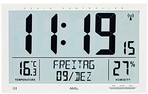 Weiß und schlicht: AMS 5887 digitale Wanduhr / Tisch-Uhr mit Wecker, Datumsanzeige und Thermometer, Funkuhr