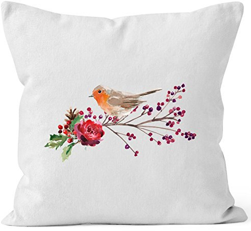 Autiga Kissenbezug Vogel Rotkehlchen Blumen Misteln Watercolor Bird Weihnachten Christmas weiß 40cm x 40cm