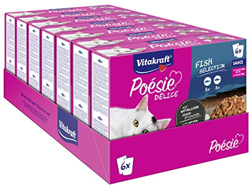 Vitakraft Poésie Delice, Fish Selection, Katzenfutter nass, mit Fisch, in Sauce, für ausgewachsene Katzen, ohne Zusatz von Zucker und Getreide (7x 6 Stück)