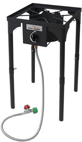 COOKAMP High Pressure Single Propane Burner 55,000BTU Outdoor Camping Stove with 0-20 PSI Adjustable Regulator and Steel Braided Hose (55,000BTU)
