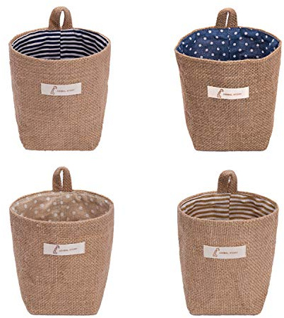 sansheng 4 Pack Wall Hanging Storage Bags Hanging Storage Bags Cotton Linen Storage Basket Foldable Wall Hanging Basket Family Organizer Box Decorative Bag (Color as Shown)3.93 * 3.93 * 5.31