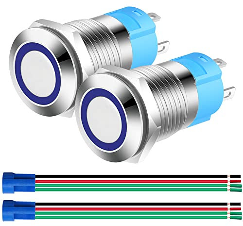 Gebildet 2pcs 12mm Momentáneo Pulsador de Botón Acero Inoxidable, Impermeable ON/OFF 12V-24V 3A Normalmente Abierto SPST Pulsador con Enchufe de Cable(LED Azul)