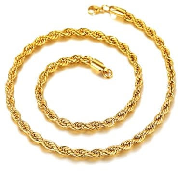 Twist Chain Necklace, 6MM Wide, 18Inch(46CM) Length, Gift For Men, 18K Gold Plated Stainless Steel Hip Hop Men Chain Jewelry Twister Rope Necklace (Gift Packaging), RN20114K-6-18