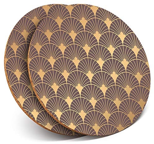 2 x MDF Glossy Top Coasters Round - Gold Art Deco Pattern Vintage Retro 12761