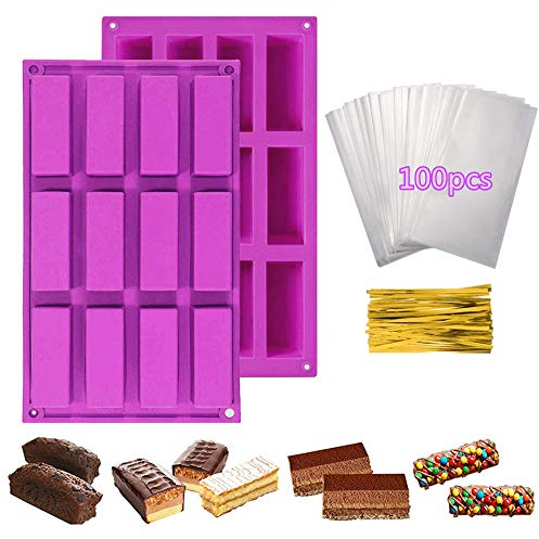 2x Moule à Financiers + 100x Sacs de Friandises, 12 Cavités Moule Rectangulaire Silicone Pour Faire Barres de Céréales Chocolat Mini Cakes Sucrés/Salés Petits Gâteaux Muffin Bouchées Beurre (Violet)