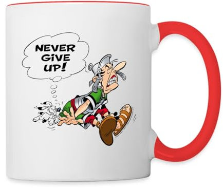 Spreadshirt Asterix & Obelix Gib Niemals Auf Spruch Tasse Zweifarbig, One size, Weiß/Rot