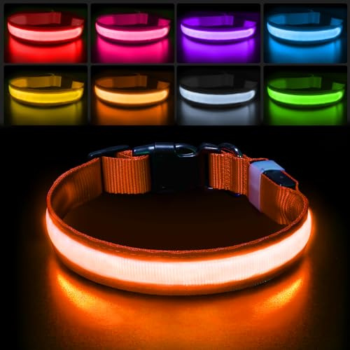 PcEoTllar Leuchthalsband Aufladbar, Einstellbar für Hunde Orange-L | LED Halsband mit 7 Farben & Blinkmodi. Aufladbar, wasserdicht & verstellbar für kleine bis große Hunde.