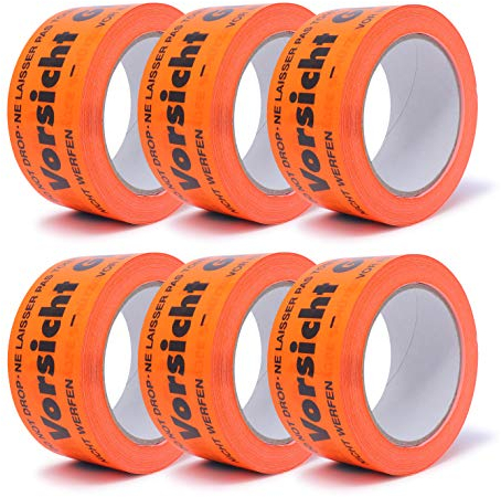 gws Hinweis-Klebeband Vorsicht Glas 6 Rollen Flurorange PVC | Kräftiges Verpackungsklebeband in Profi-Qualität | Warnband Paketband | 50 mm x 66 m