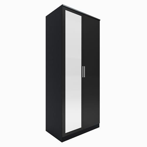 ELEGANT High Gloss Wardrobe with Mirror, Soft Close Hinge Mirrored Wardrobe Cabinet, 2 Doors Black Wardrobe Set Bedroom Furniture with Hanging Rod and Storage Shelves