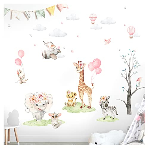 Little Deco Wandsticker Wandtattoo Kinderzimmer Mädchen Tiere Wandaufkleber Zebra Elefant Hase Löwe Wandbild Ballon Wolken Dschungel Sterne DL711-4