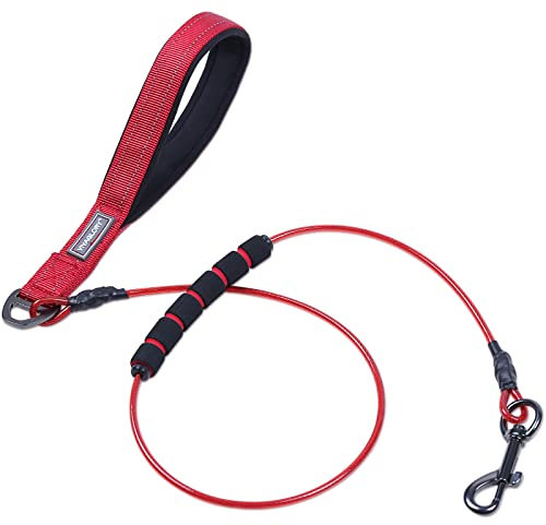 VIVAGLORY Hundeleine Edelstahl Toughbite Hundeleine Bissfest, Welpenleine Führleine mit Doppelgriff & 2 Griffen für Hausleine Joggingleine, Kette Metall Edelstahl & Bissfest für Hunde, 120cm, Rot