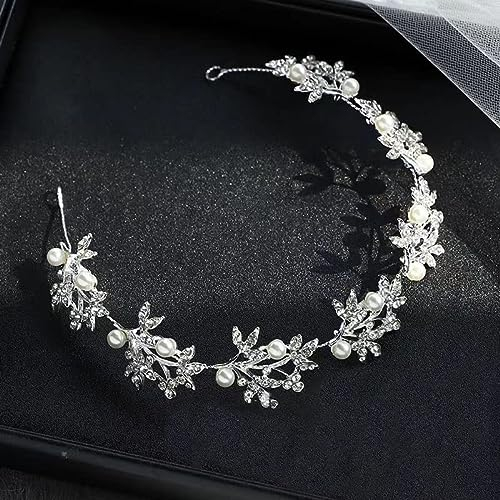 Guidre Serre Tête De Mariée En Forme De Vigne Avec Perles Argentées, Bandeau De Mariée Élégant Et Romantique Pour Femme Mariée Demoiselles d’ Honneur, 32 * 3,5cm