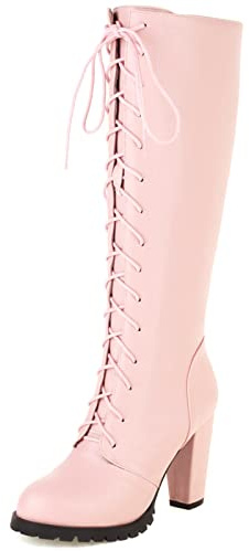 CUTEHEELS Botas altas con cordones para mujer con cremallera lateral y tacón de bloque para citas/utilidad