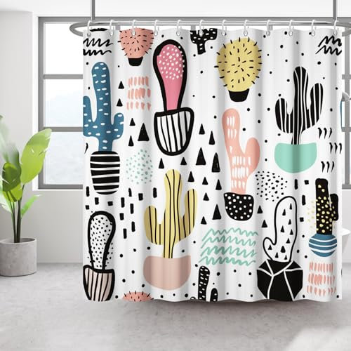 Bovlleetd Kaktus Pflanze Duschvorhang Abstrakte Linie Cartoon Badezimmer Duschvorhänge Bunte Wüstenkaktus Art Vorhänge Badezimmer Dekor für Kinder Badezimmer Hotel 183x188cm