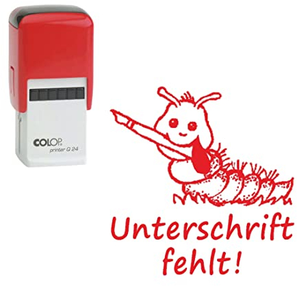 Lehrerstempel Unterschrift fehlt! - Automatikstempel inkl. Stempelkissen rot - Kinder Motivstempel Raupe Stempel Schule - 24 x 24 mm