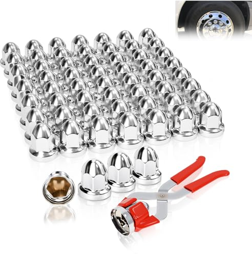 Podoy 33mm Lug Nut Covers Push on for Semi Trucks Trailer, (60 Pack) Chrome ABS Plastic Bullet Flanged 2-1/2 Height Caps, Rust‑Proof Finish Secure Fit, Includes Nut Cover Puller